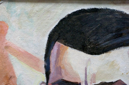 Oil painting portrait of man by Alexander Alexandrovich Deineka, stylized black hairdo