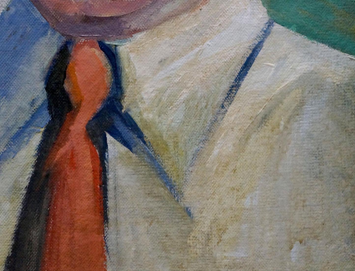 Oil painting portrait of man in vibrant orange textured tie by Deineka