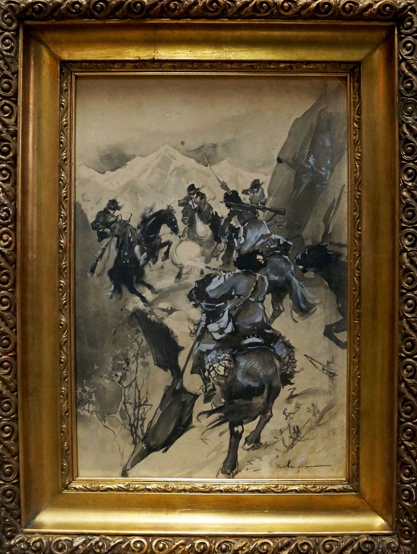 Ornate gold-framed painting of Cavalry by Vasily Semyonovich Svarog in black-and-white