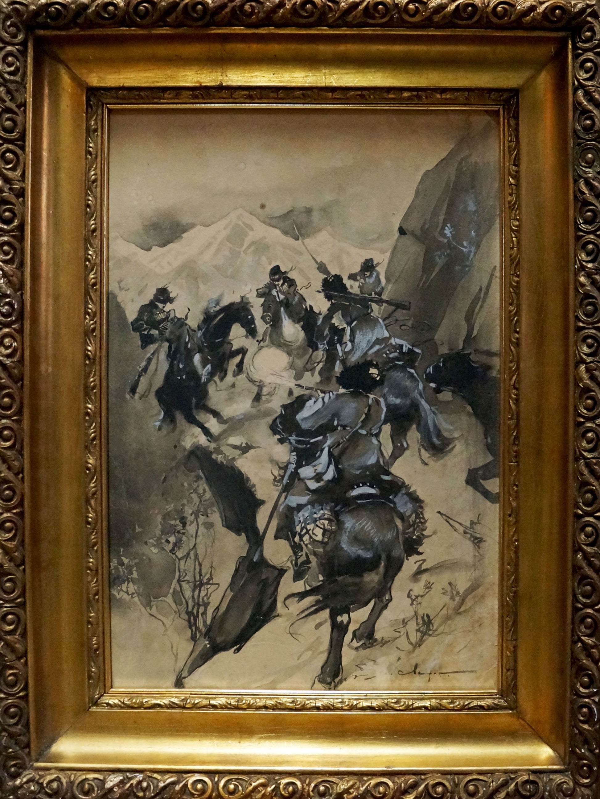 Ornate gold-framed painting of Cavalry by Vasily Semyonovich Svarog in black-and-white