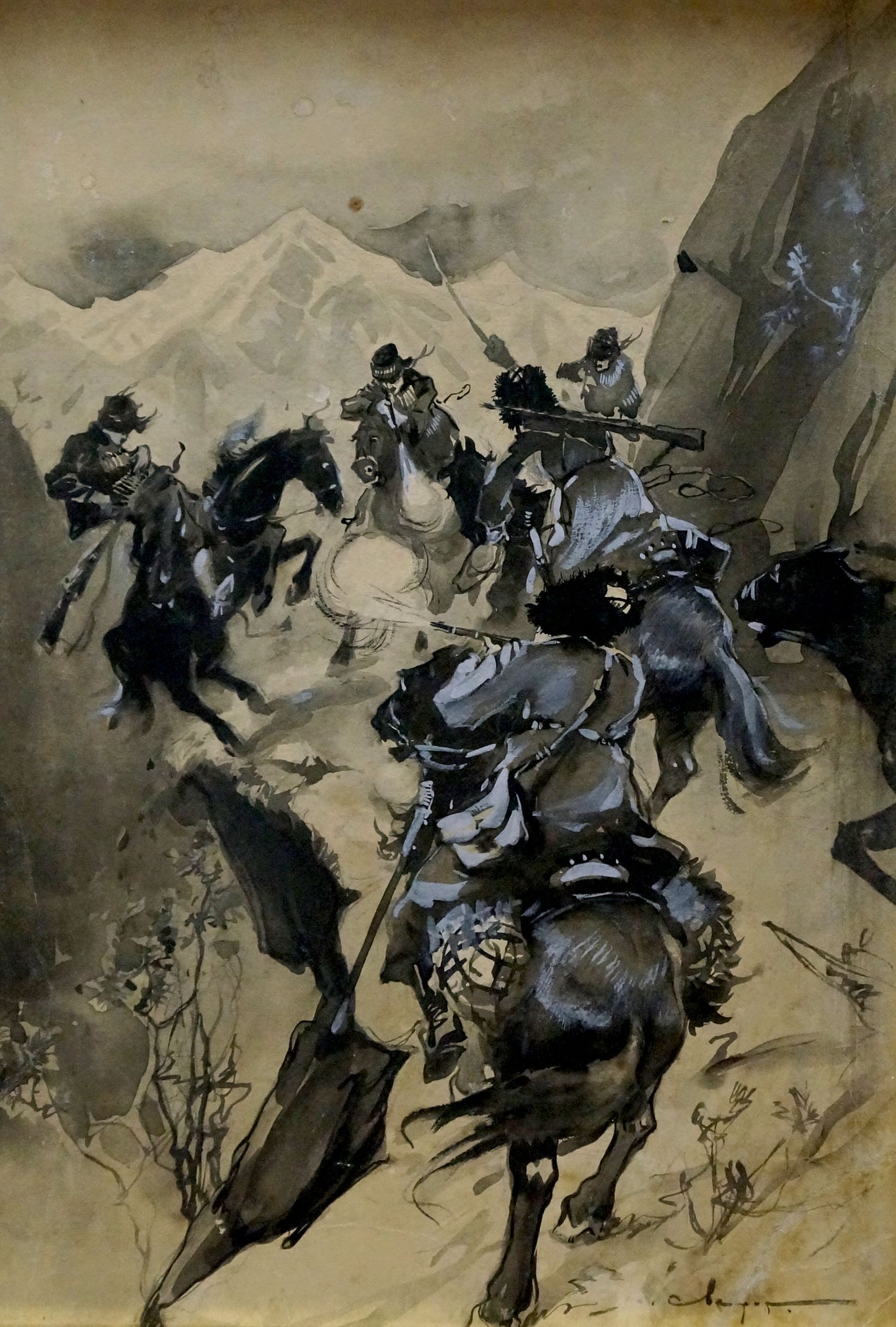Sepia watercolor cavalry charge painting by Vasily Semyonovich Svarog