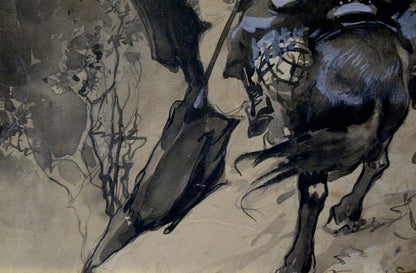 Dynamic ink wash painting of dark muscular horse in motion by Vasily Semyonovich Svarog
