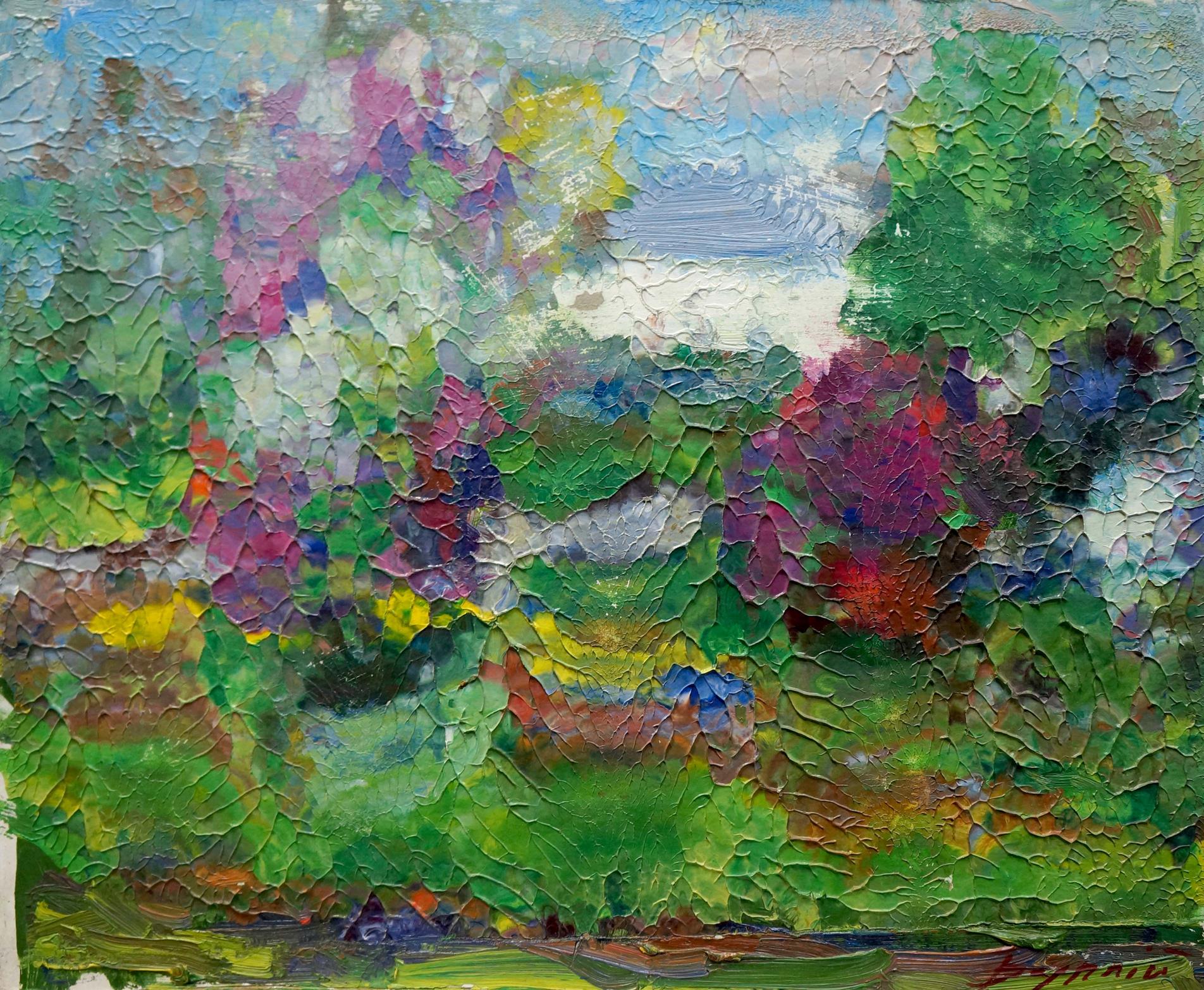 Vibrant abstract oil painting by Dupliy Sergey Alexandrovich of blooming trees in lush garden