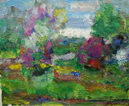 Vibrant abstract oil painting by Dupliy Sergey Alexandrovich of blooming trees in lush garden