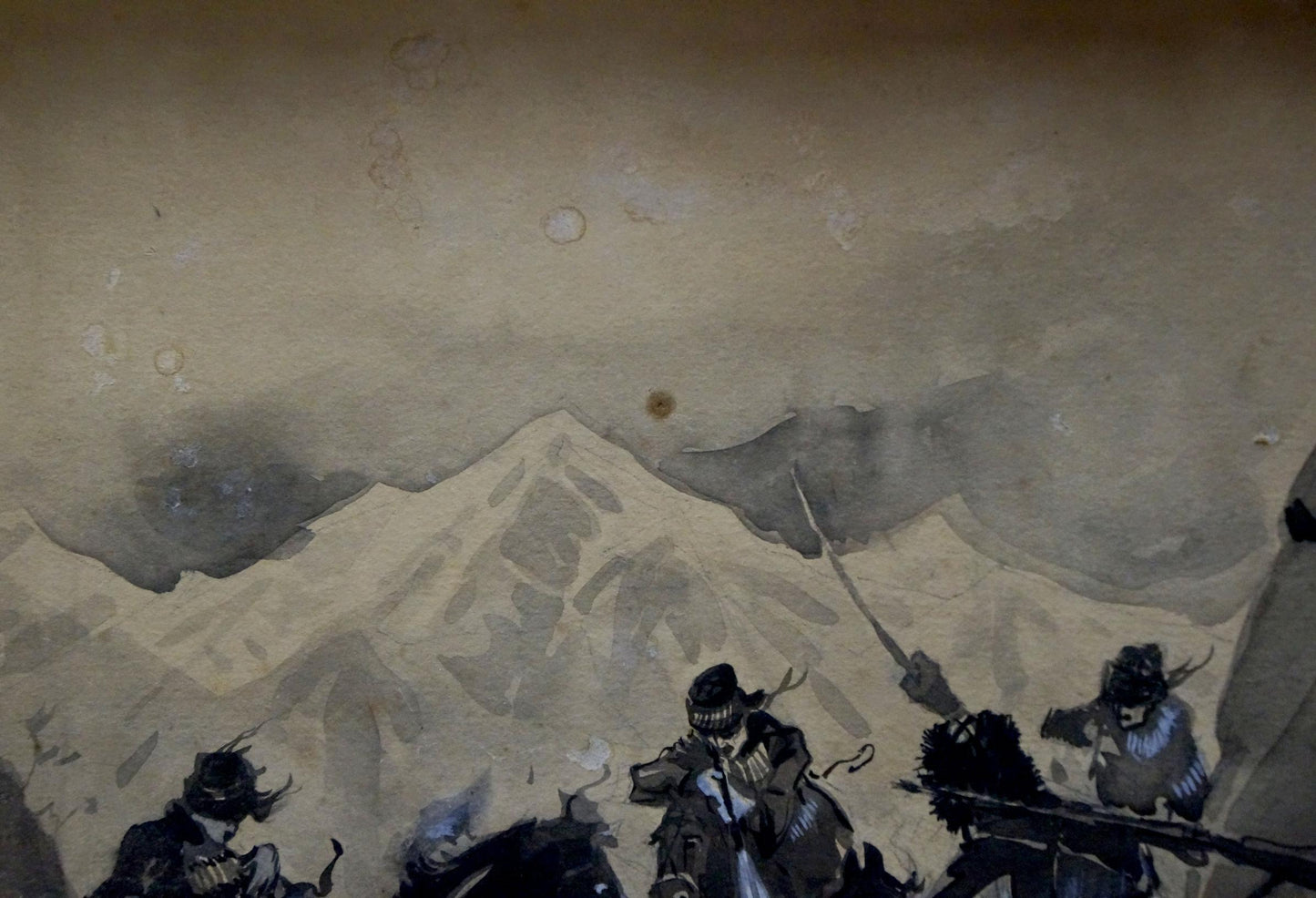 Monochromatic ink-wash painting of Cavalry by Vasily Semyonovich Svarog with mountains