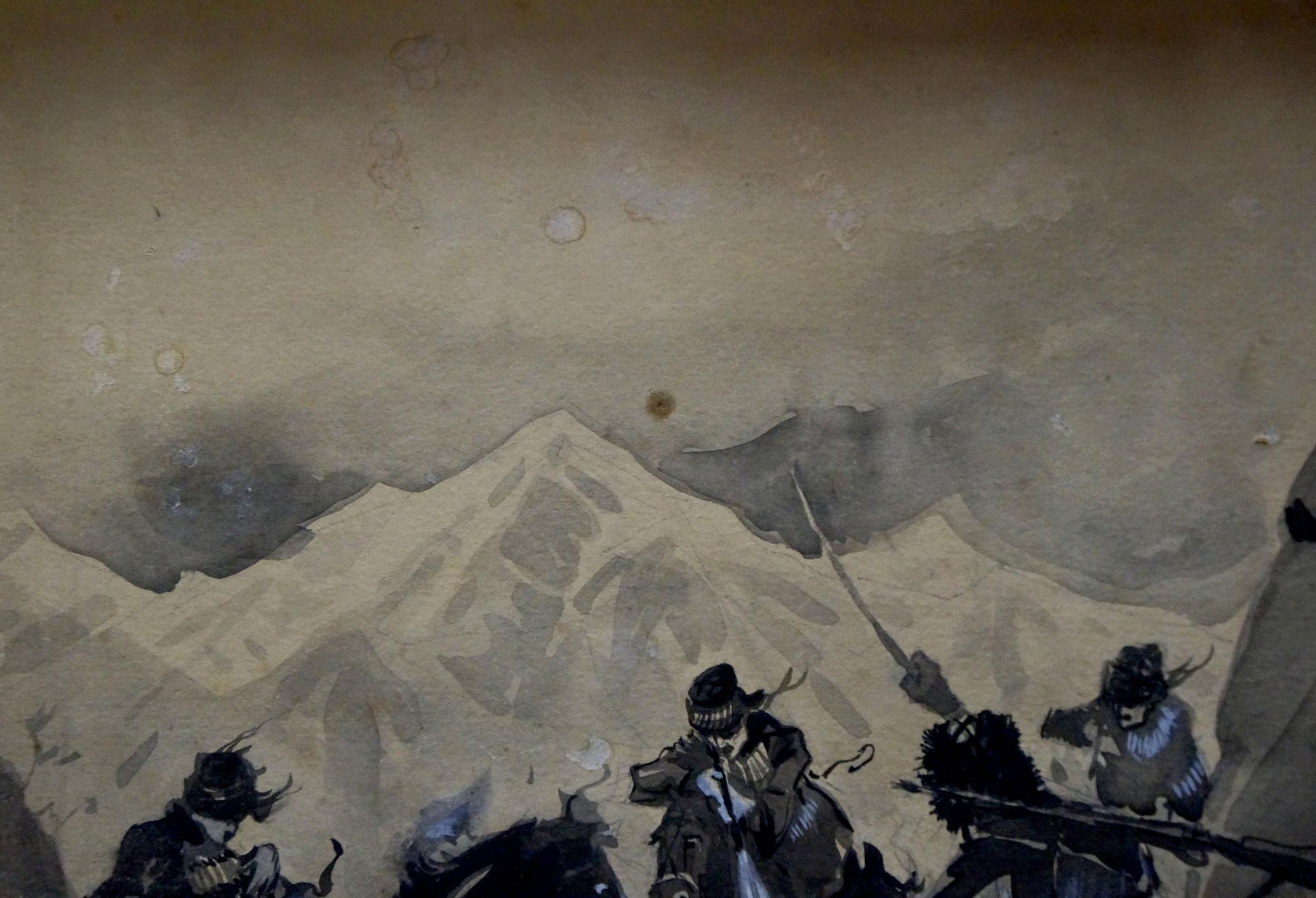 Monochromatic ink-wash painting of Cavalry by Vasily Semyonovich Svarog with mountains