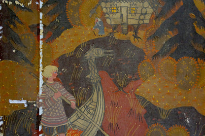 Child with blonde hair in patterned sweater by Viking boat, Semenov A.N. oil painting