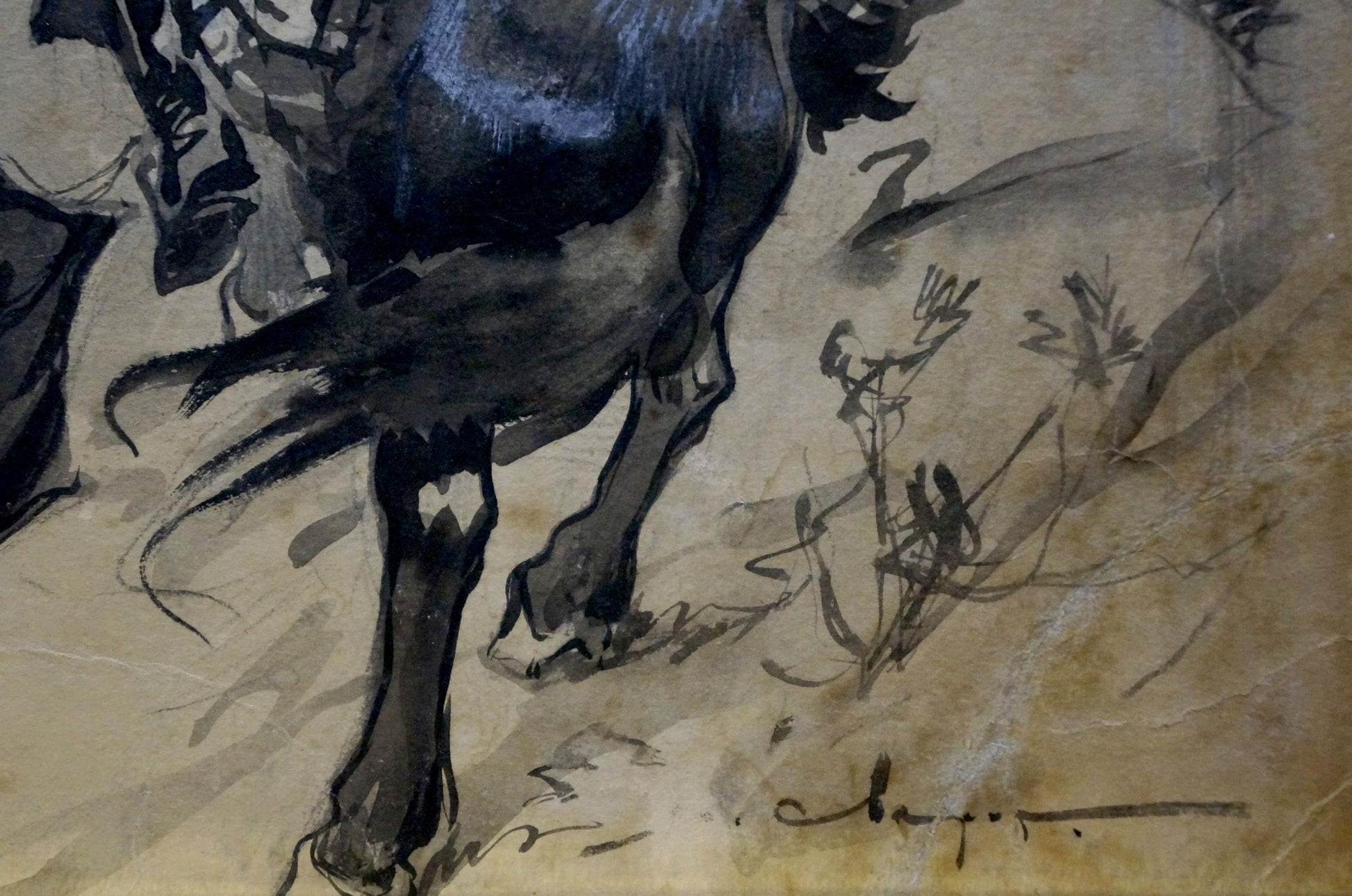 Dynamic black horse in ink wash from Painting Cavalry Vasily Semyonovich Svarog