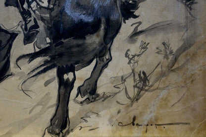 Dynamic black horse in ink wash from Painting Cavalry Vasily Semyonovich Svarog