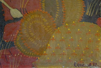 Textured mustard-yellow cactus oil painting To the hut in the forest by Semenov A.N