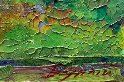 Textured cracked green yellow abstract oil painting Trees bloom by Dupliy Sergey Alexandrovich