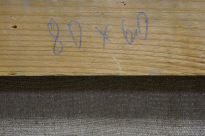 Back of Oil painting To the hut in the forest Semenov A.N. light brown plank blue markings