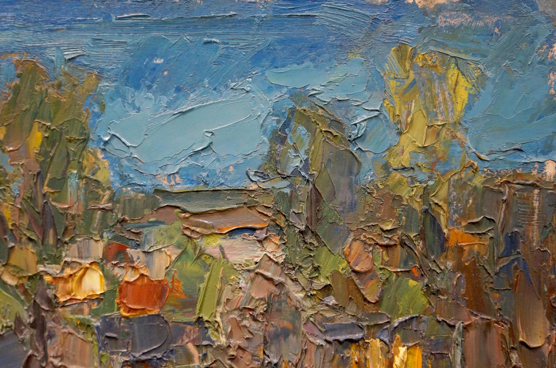 Abstract Evening Dupliy oil painting by Sergey Alexandrovich, impasto blues and foliage