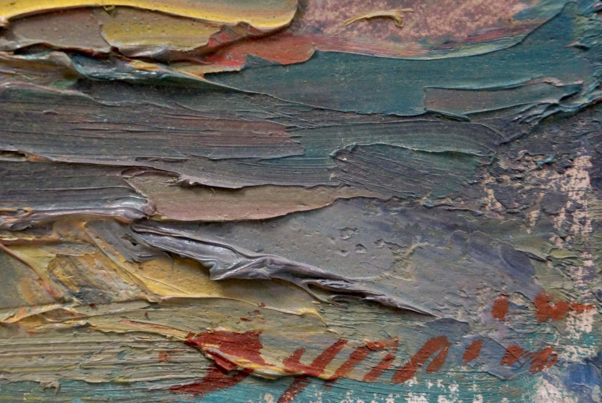 Abstract Evening Dupliy oil painting by Sergey Alexandrovich in teal, gray, ochre, rust