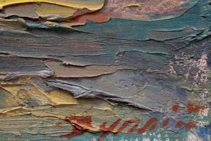 Abstract Evening Dupliy oil painting by Sergey Alexandrovich in teal, gray, ochre, rust