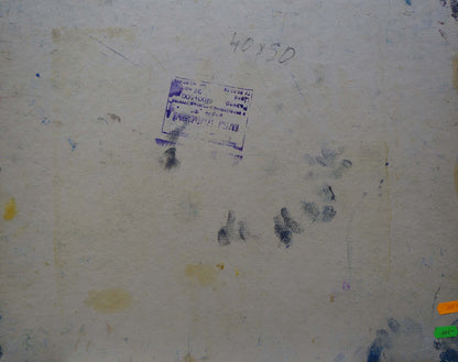 Back of Evening Dupliy Sergey Alexandrovich abstract oil painting with faded canvas, purple stamp, ink smudges