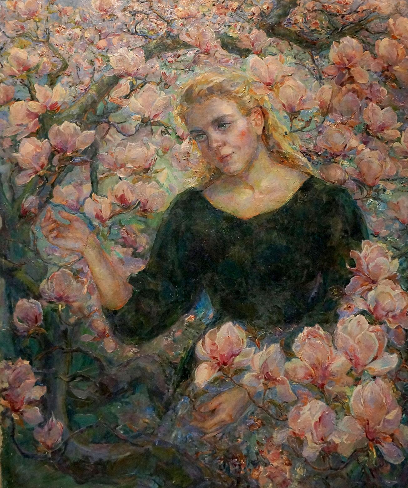 Oil painting by Titarenko Maria Anatolyevna: blonde woman in dark dress among pink magnolias
