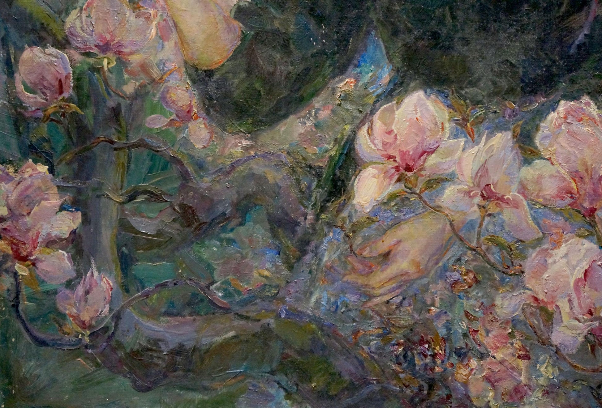 Soft pink magnolia blossom oil painting by Titarenko Maria Anatolyevna
