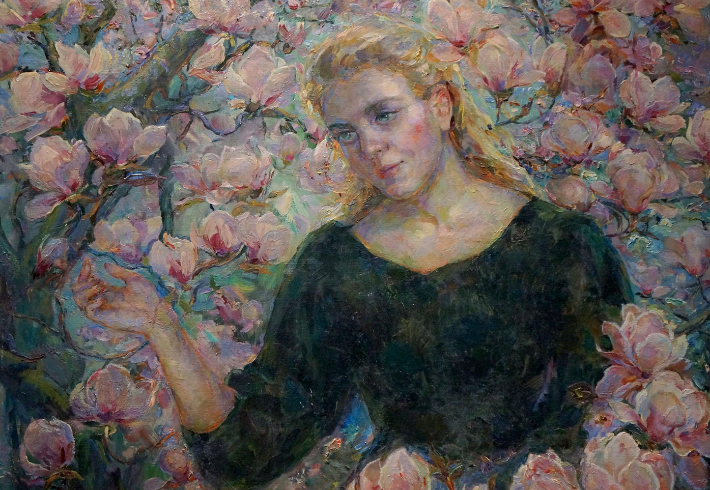 Oil painting by Titarenko Maria Anatolyevna: blonde woman in green dress among pink magnolias