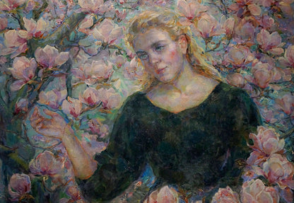 Oil painting by Titarenko Maria Anatolyevna: blonde woman in green dress among pink magnolias