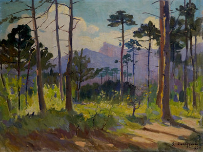Oil painting Forest V. Molodtsov: serene pines, green foliage, purple mountains