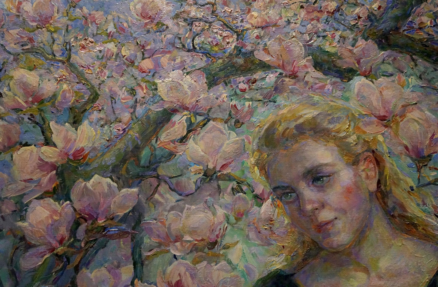 Oil painting of girl among pink magnolia flowers by Titarenko Maria Anatolyevna