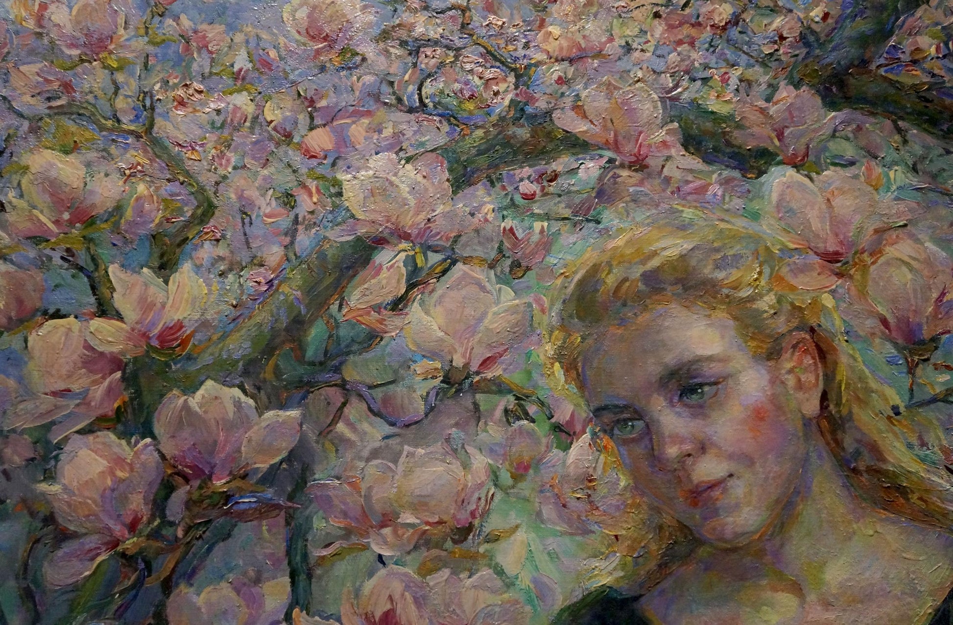 Oil painting of girl among pink magnolia flowers by Titarenko Maria Anatolyevna