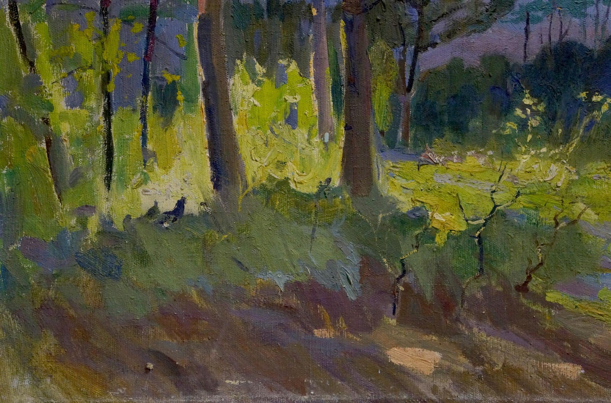 Vibrant impressionist oil painting Forest V. Molodtsov sunlit forest scene
