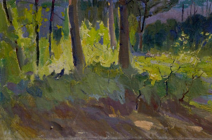 Vibrant impressionist oil painting Forest V. Molodtsov sunlit forest scene