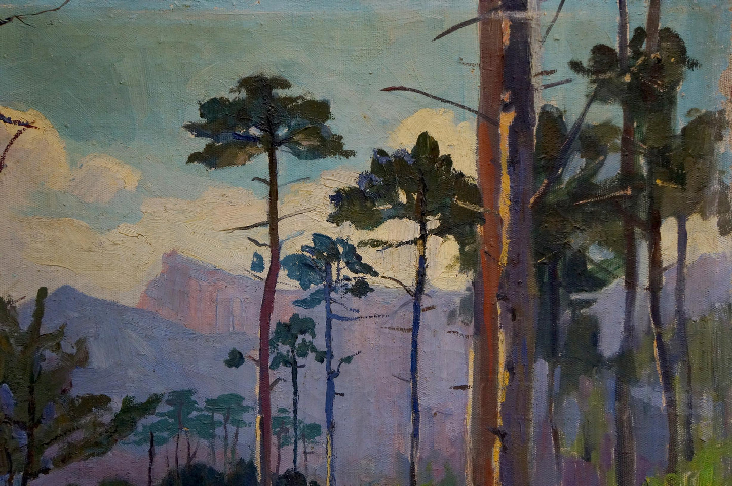 Oil painting Forest V. Molodtsov: impressionistic pine trees under blue sky