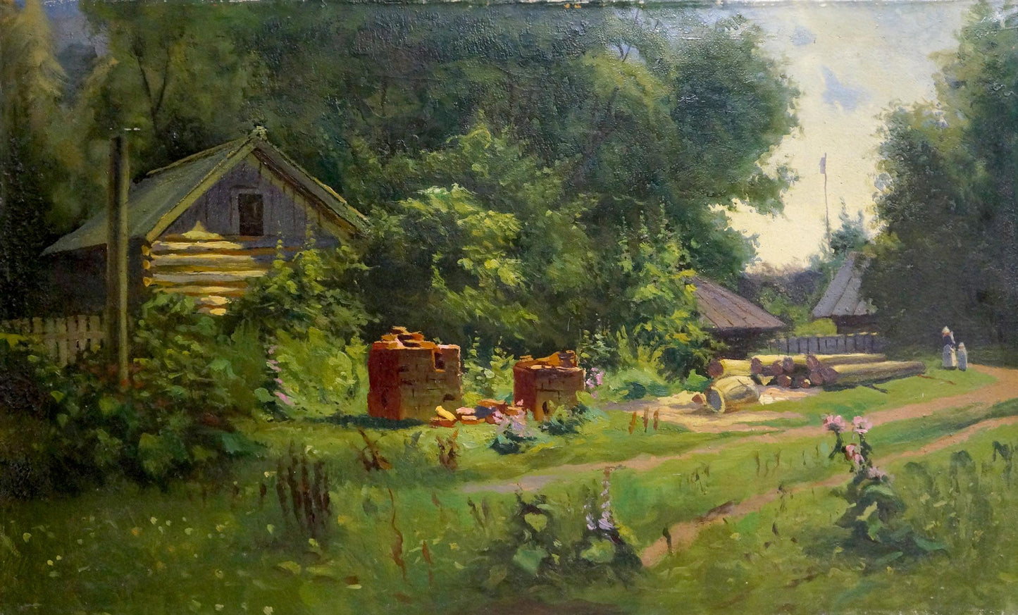 Oil painting of rustic log cabin by Sawmill Vladimir school amid trees