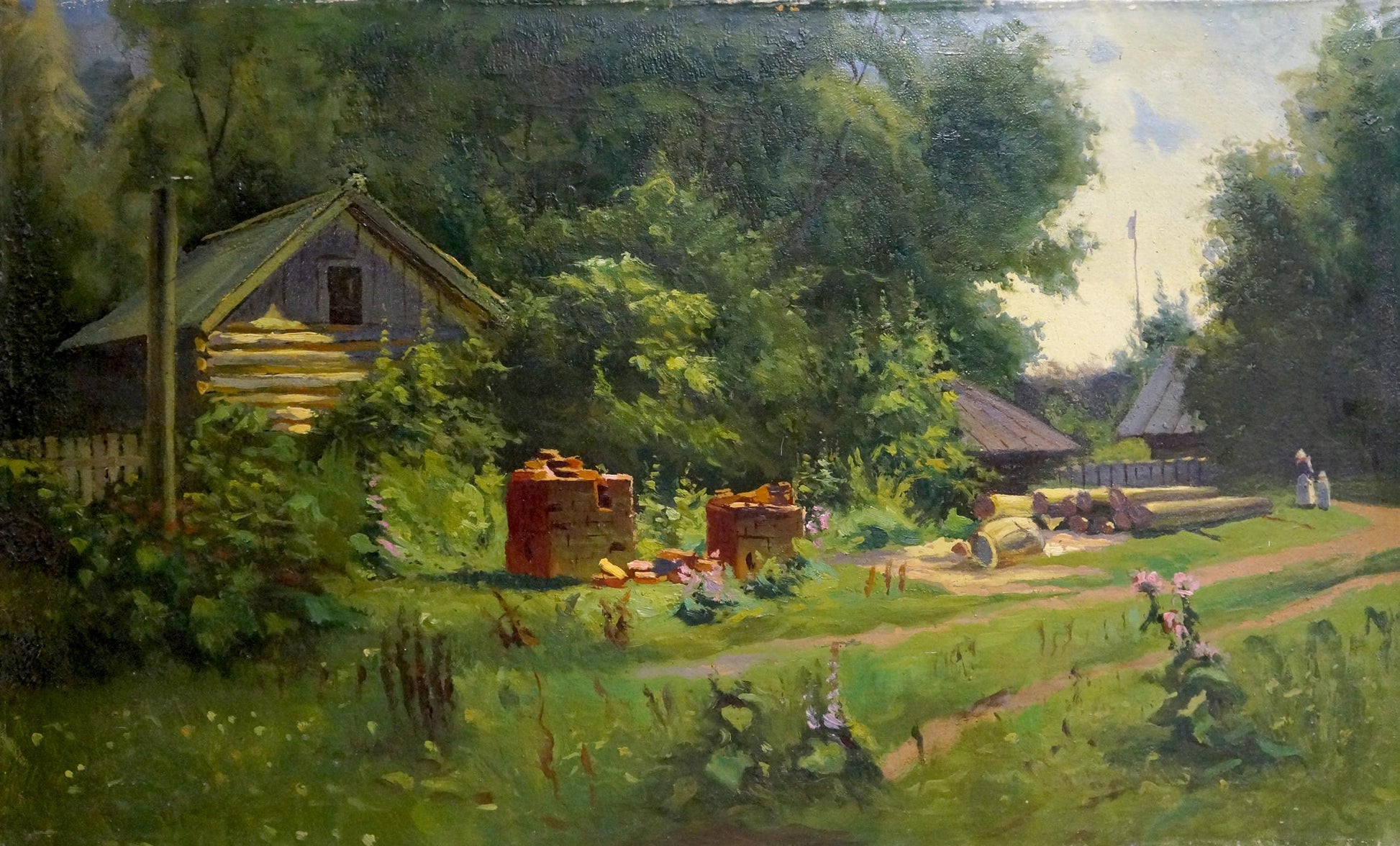 Oil painting of rustic log cabin by Sawmill Vladimir school amid trees