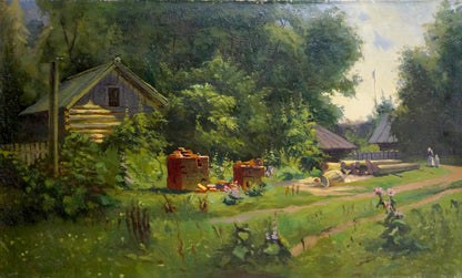 Oil painting of rustic log cabin by Sawmill Vladimir school amid trees
