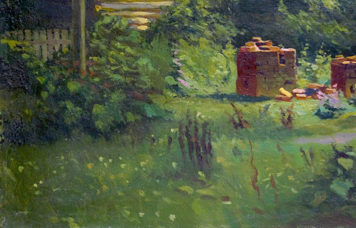 Oil painting Sawmill Vladimir school: red brick beehives in lush sunlit garden