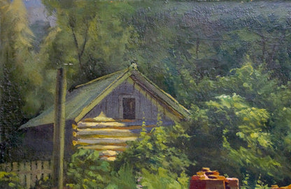 Oil painting of rustic log cabin by Sawmill Vladimir school