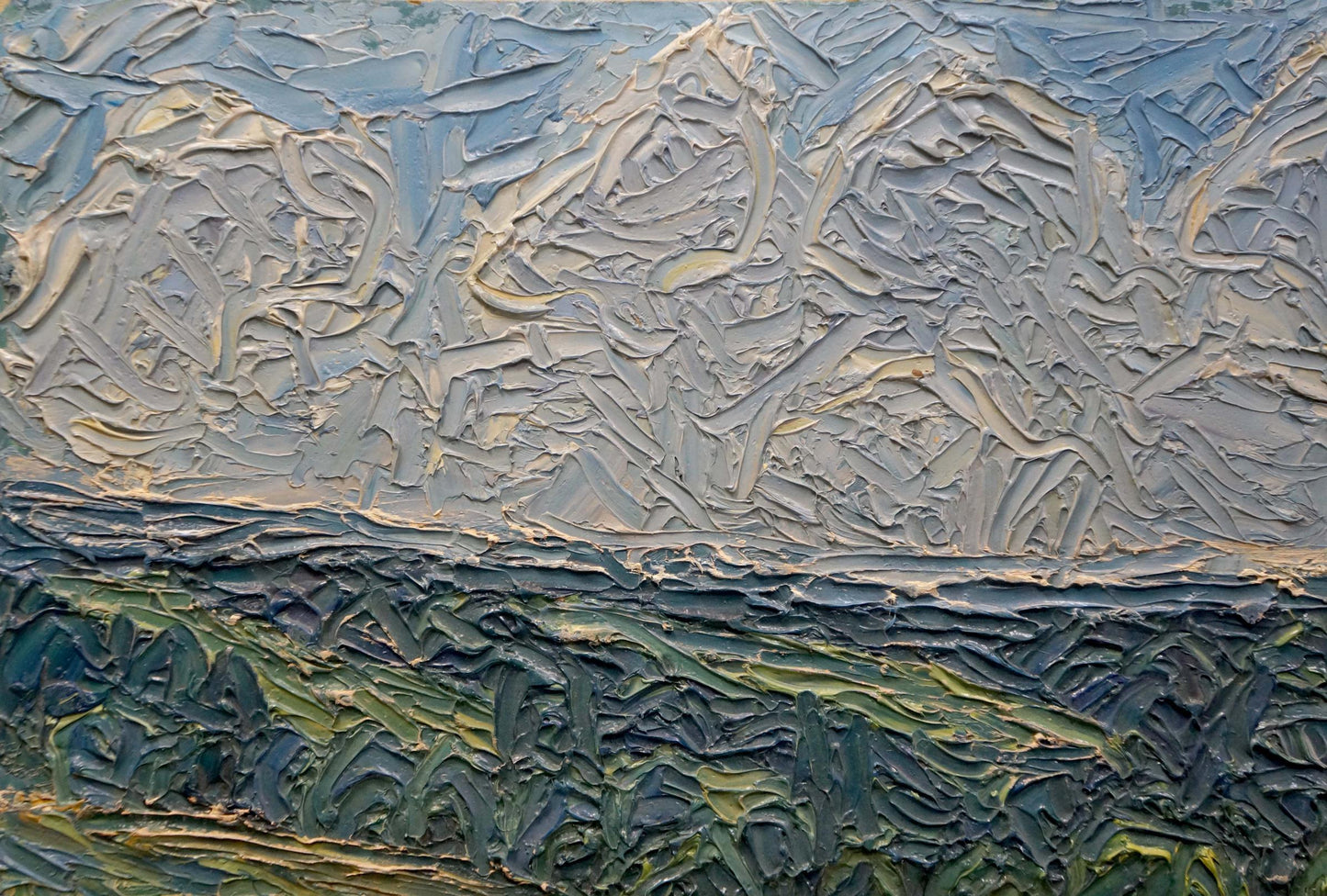 Abstract Golden Acres oil painting by Sergey Dupliy, textured impasto landscape