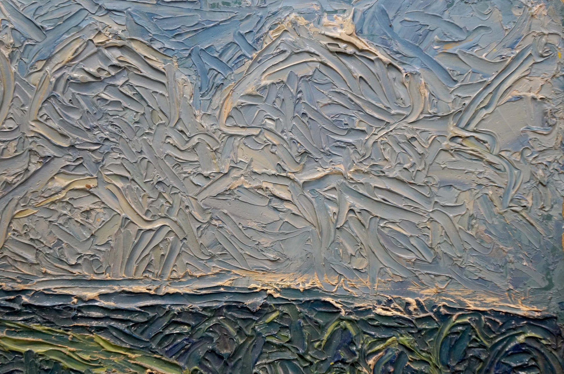 Abstract Golden Acres oil painting by Sergey Dupliy: textured gray blue mountains