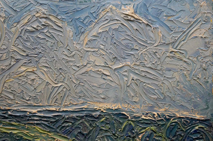 Abstract Golden Acres oil painting by Sergey Dupliy: textured gray blue mountains