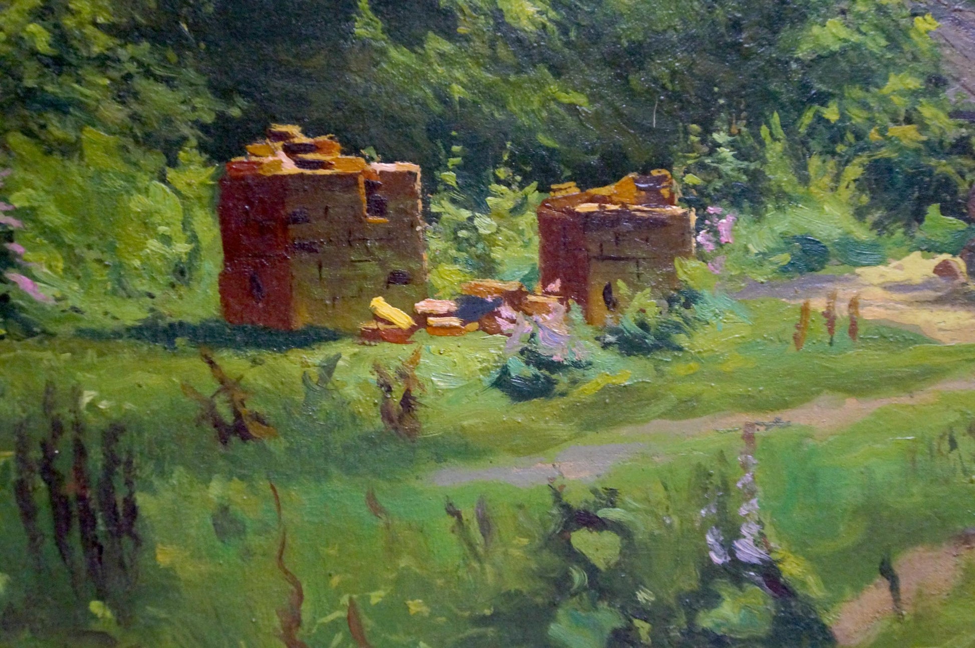 Oil painting of Sawmill Vladimir school: weathered reddish-brown brick ruins in lush green foliage