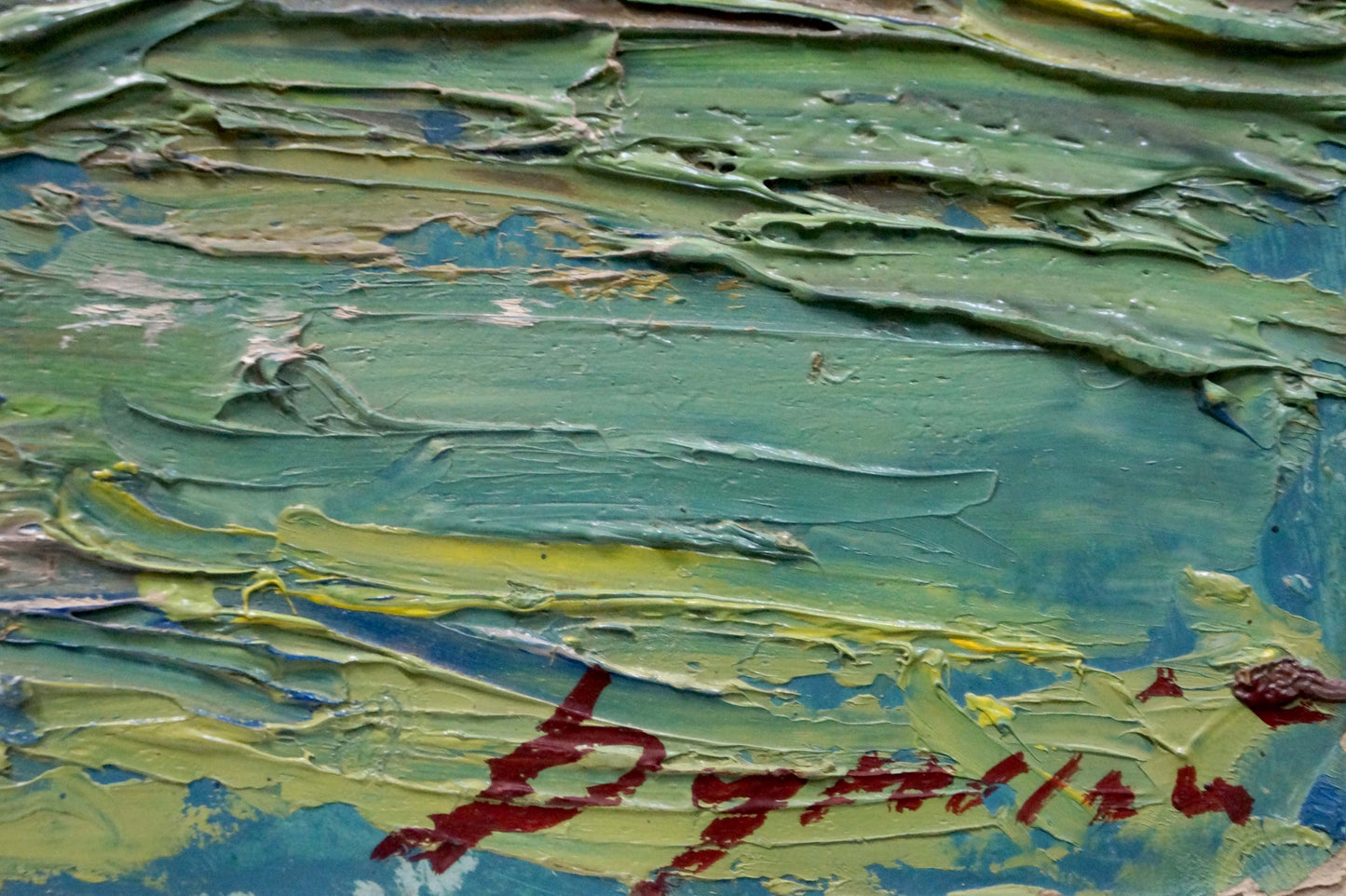 Abstract Golden Acres oil painting by Sergey Dupliy, green blue impasto strokes