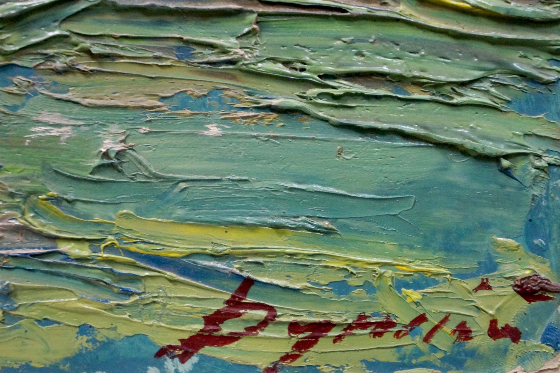 Abstract Golden Acres oil painting by Sergey Dupliy, green blue impasto strokes