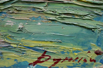 Abstract Golden Acres oil painting by Sergey Dupliy, green blue impasto strokes