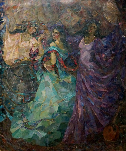 Vibrant impressionistic oil painting by Titarenko Maria Anatolyevna, Holiday, three women in colorful garments
