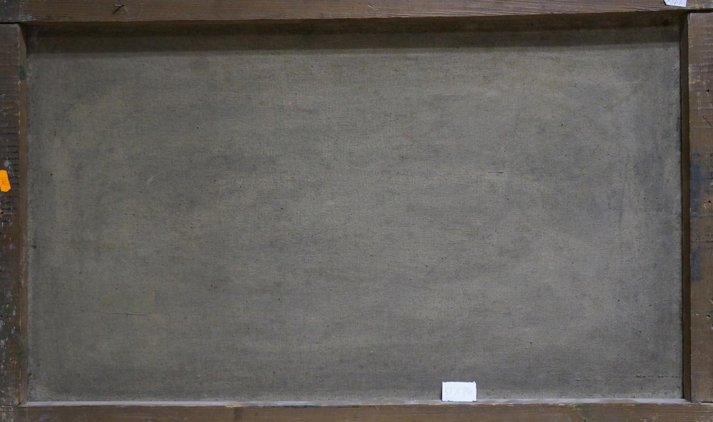 Back of Oil painting Sawmill Vladimir school with gray canvas and wood frame