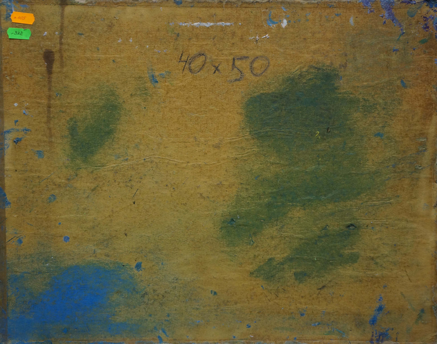 Back of Abstract oil painting Golden Acres by Sergey Dupliy with weathered canvas