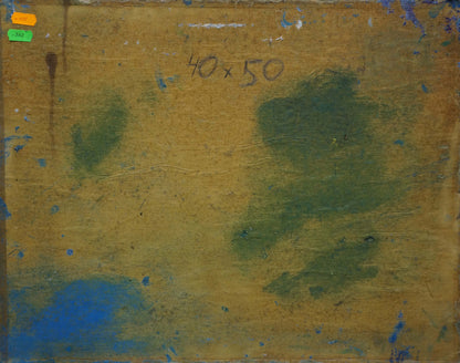 Back of Abstract oil painting Golden Acres by Sergey Dupliy with weathered canvas