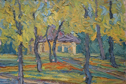 Textured abstract oil painting Estate Dupliy by Sergey Alexandrovich, rustic house in dark trees under vibrant sky