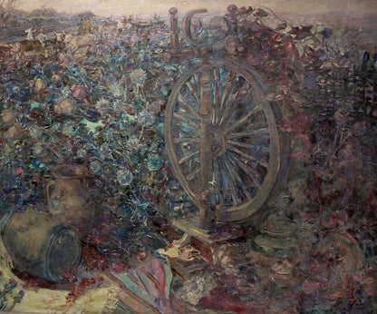 Oil painting by Titarenko Maria Anatolyevna: rustic wheel in wildflower field