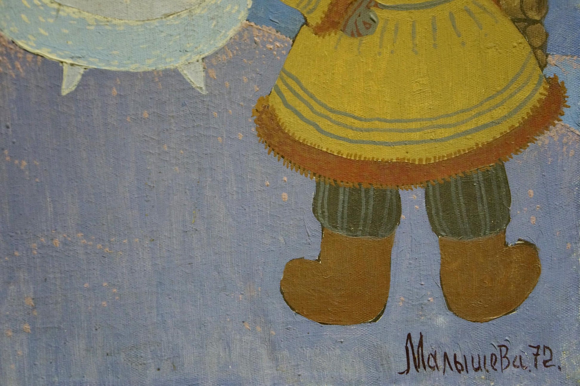 Oil painting of childs yellow dress with orange trim and green leggings by Olga Vladimirovna Malysheva