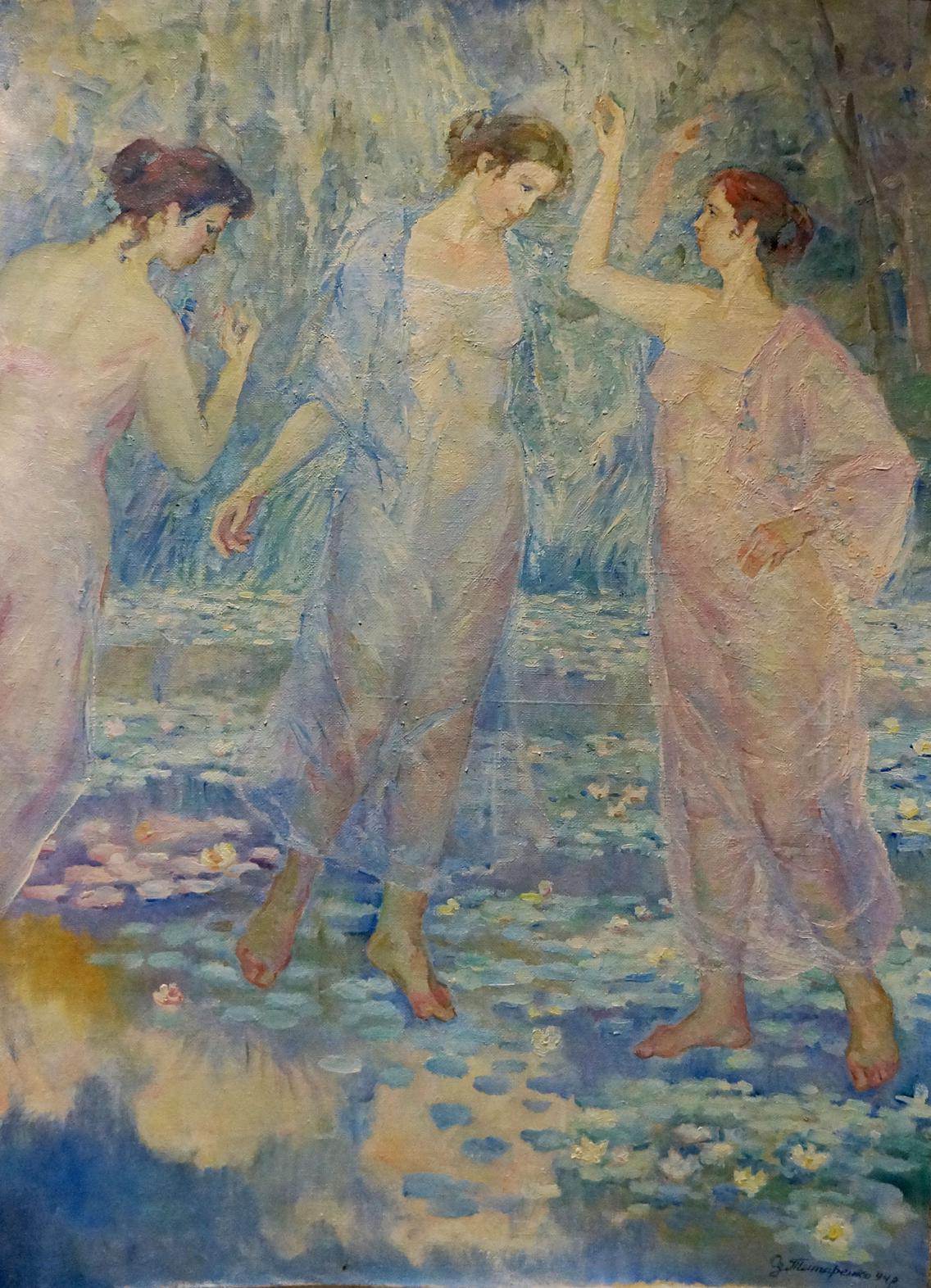 Oil painting of girls near lake by Odarka Tytarenko